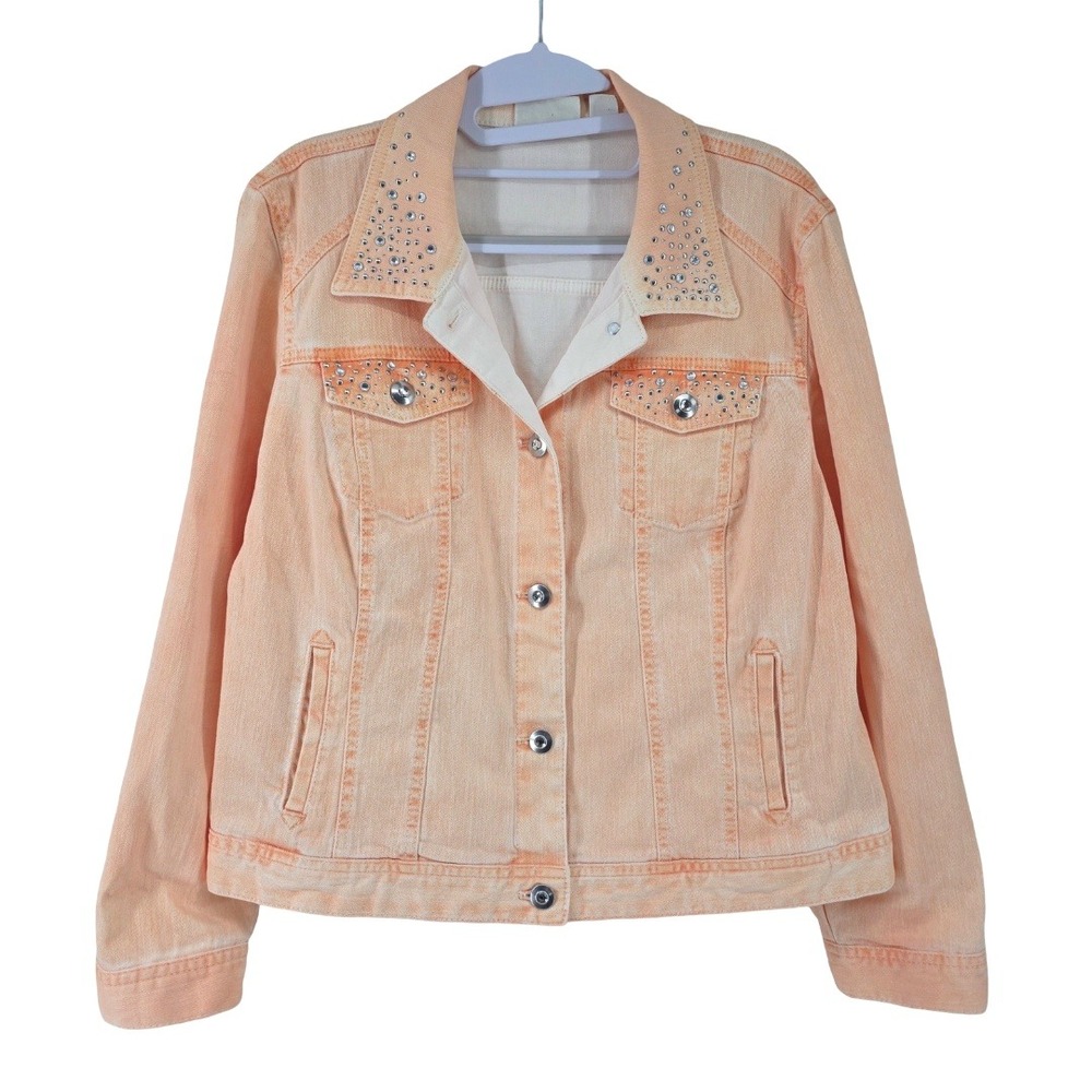 Chicos Rhinestone Jean Denim Orange Pastel Jacket Womens 2 Large
